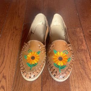 Mexican Leather Huraches with Sunflower Embroidery